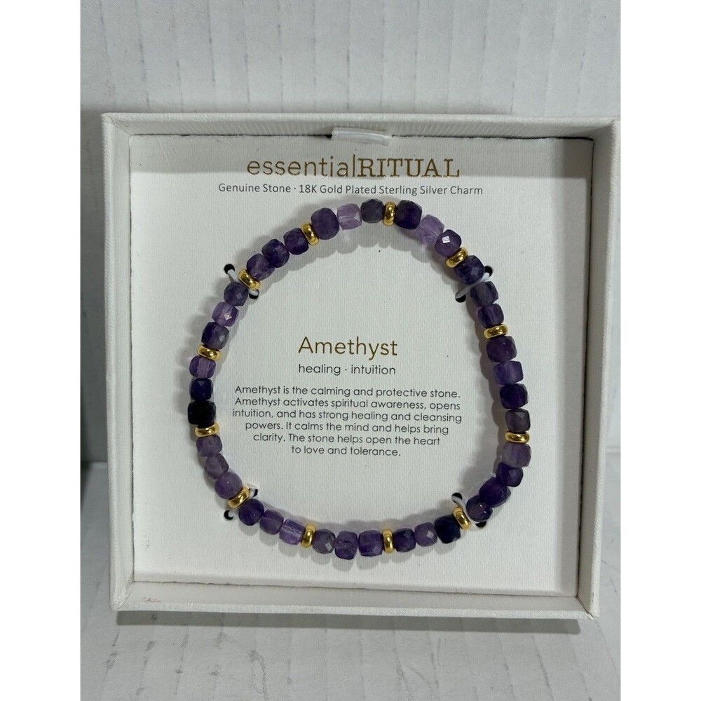 NEW essential RITUAL Amethyst Beaded Bracelet 18K Gold Plated Sterling Silver